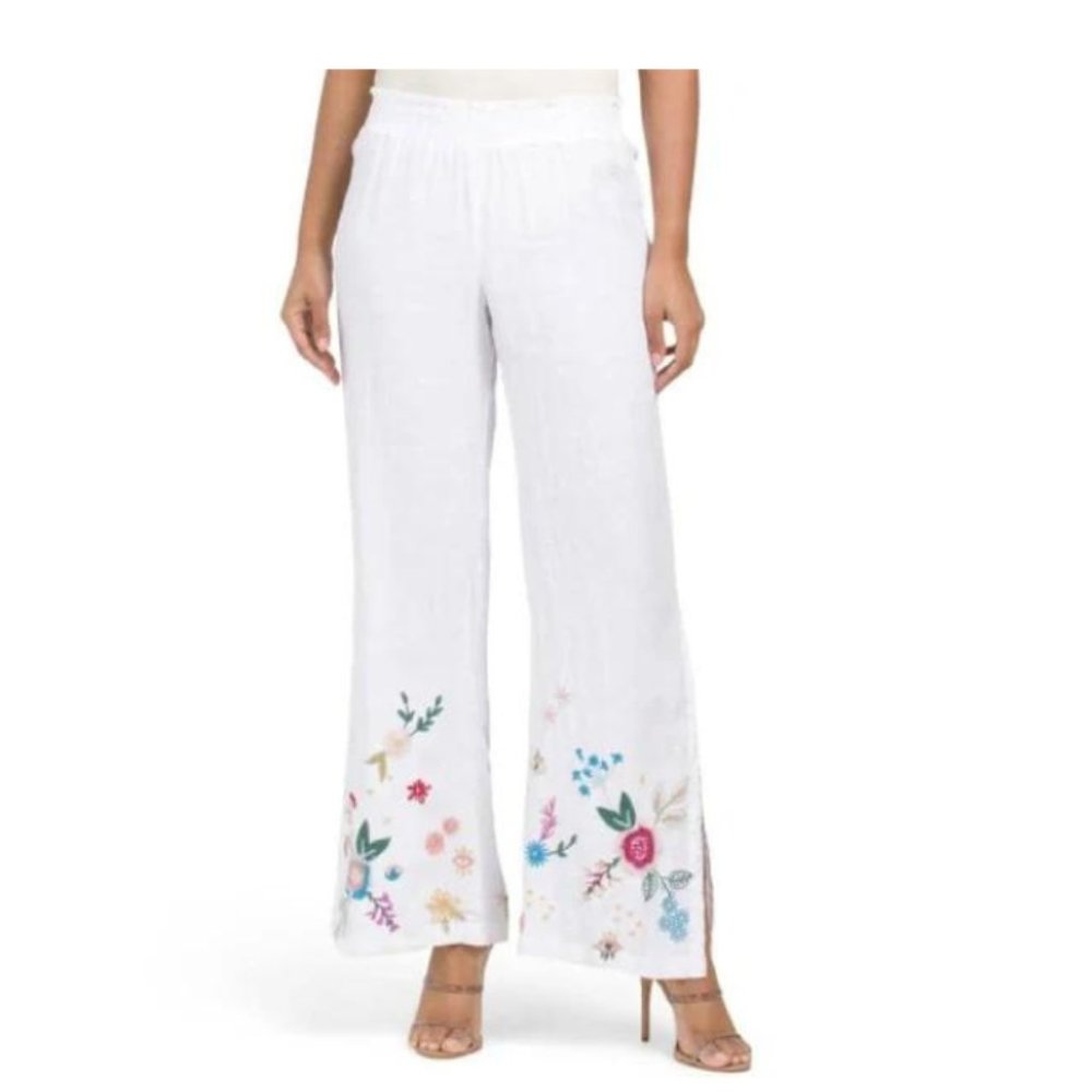 Johnny Was High Slit Palazzo Pants Size-XL White/Multicolor Embroidery